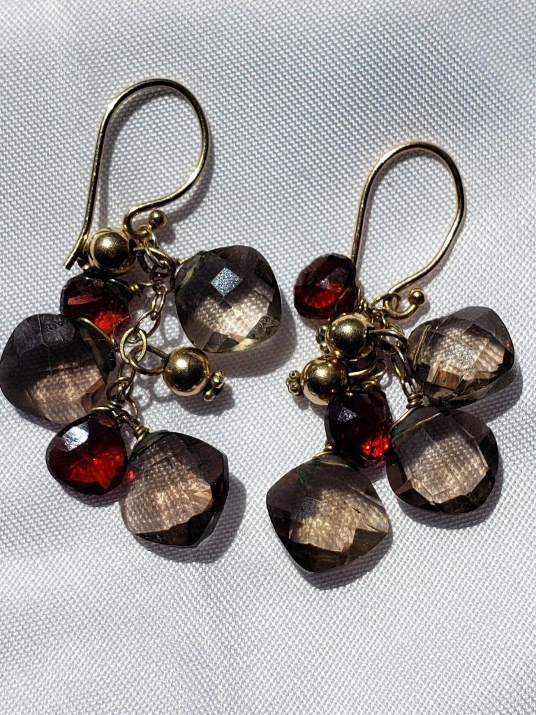 Boutique Artisanal 14k Gold Smoky Quartz & Garnet Drop Earrings - 5.0g